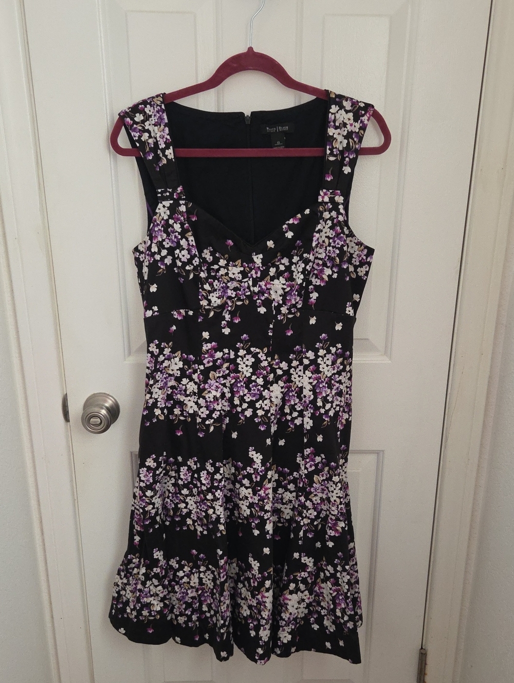 White House Black Market Black Dress with Purple and White Floral Print